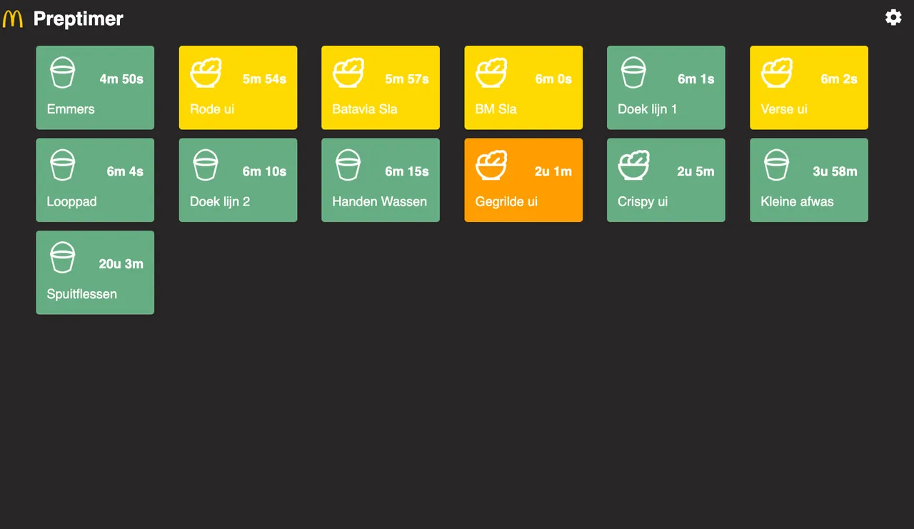 Het tegeloverzicht in de app met per product en per taak de lopende tijd
