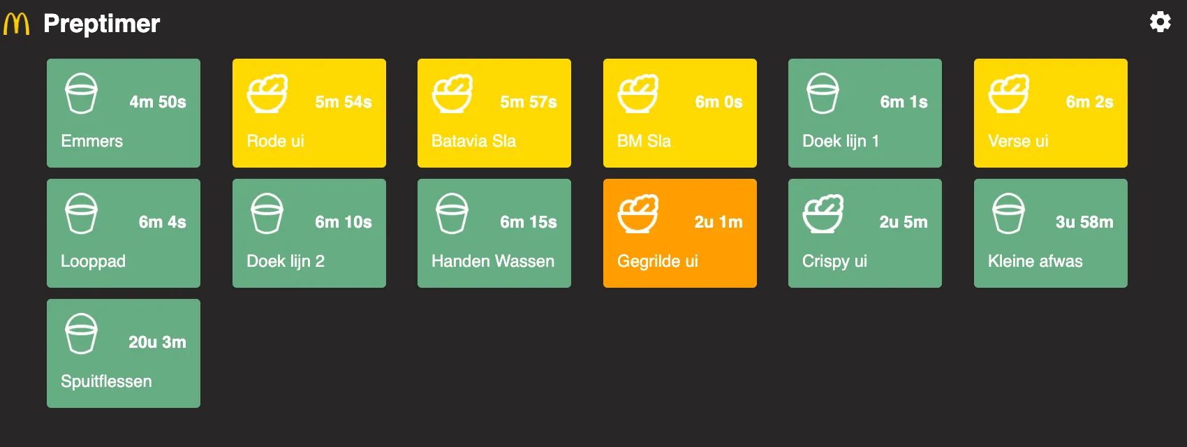 Het tegeloverzicht in de app met per product en per taak de lopende tijd