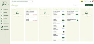 Het aanvragenbord met zes kolommen van backlog tot gewonnen, met per aanvraag de herkomst en de verantwoordelijke