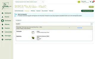 De producten van een contract per plaats, met de plantenbak en de beplanting, een knop om een leveringsnota te genereren en de melding dat er nog geen bestaat