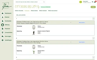 De productenlijst van een offerte, opgedeeld per verdieping, met per genummerde plaats de gekozen plantenbak en beplanting met foto