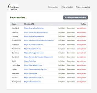 Lijst met de gekoppelde leveranciers en hun website in de applicatie