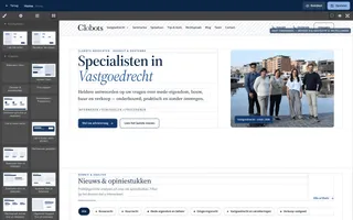 Dezelfde homepage in de pagina-editor, met links een lade vol blokken en de kop van de site aangeduid als vast onderdeel