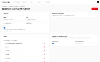 De formulierenbouwer met de velden van het spreekuurformulier onder elkaar en rechts de instelling voor de zijkolom met contactinformatie