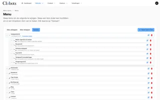 Het menubeheer met Vastgoedrecht bovenaan en zes uitgeklapte dropdown-items eronder, elk met hun adres en kleur