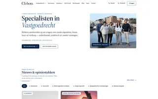 De homepage van Clabots Advocaten met de titel Specialisten in Vastgoedrecht, een teamfoto en daaronder de artikels met filterknoppen per specialisatie