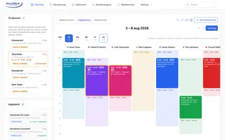 Dagplanning met een kolom per beschikbare medewerker en de opdrachten op het juiste uur